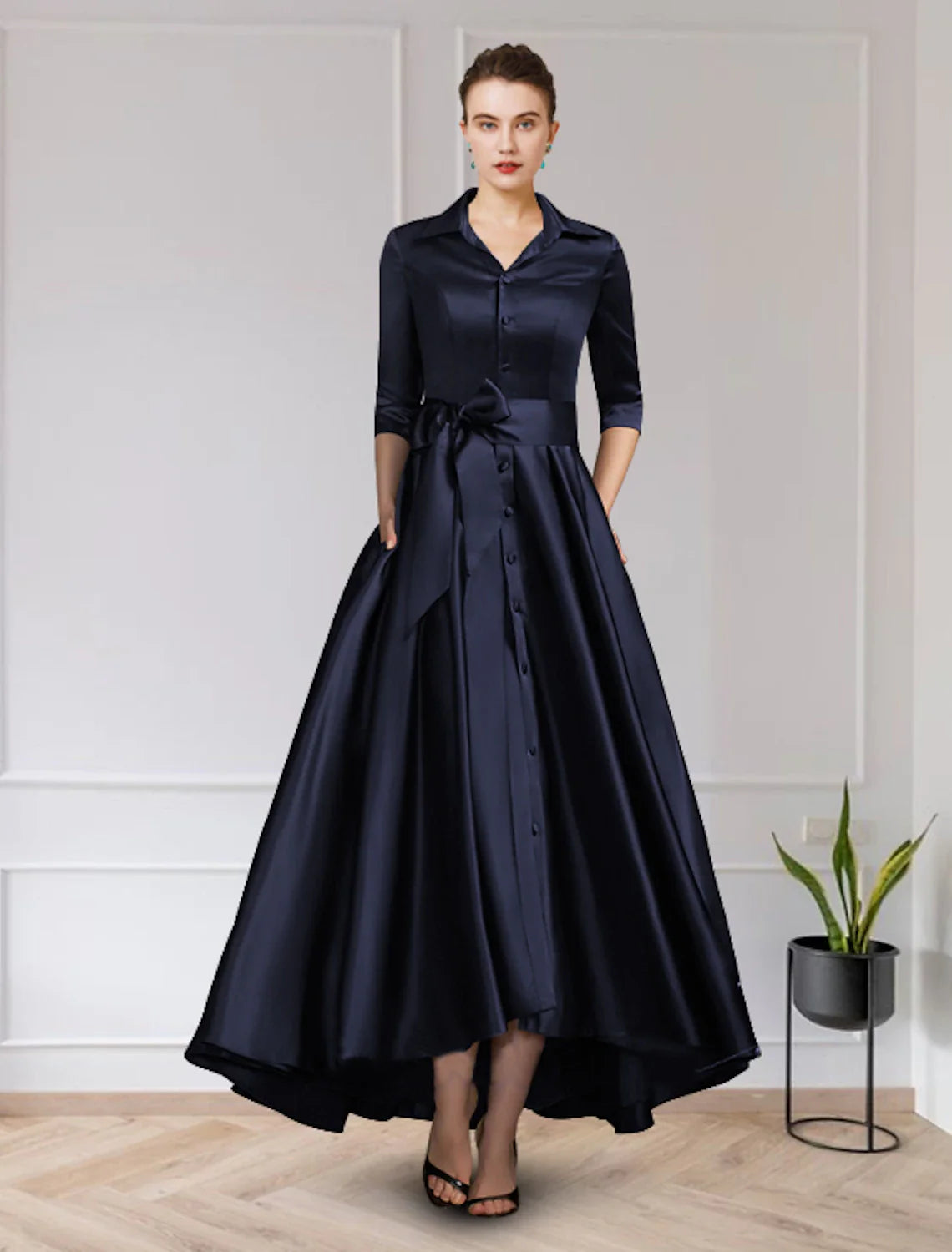 Wholesale A-Line Mother of the Bride Dress Wedding Guest Elegant High Low Jewel Neck Asymmetrical Satin Short Sleeve with Pleats Appliques